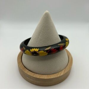 Vintage Black Painted Slim Wood Bangle with Yellow Flowers and Red Leaves